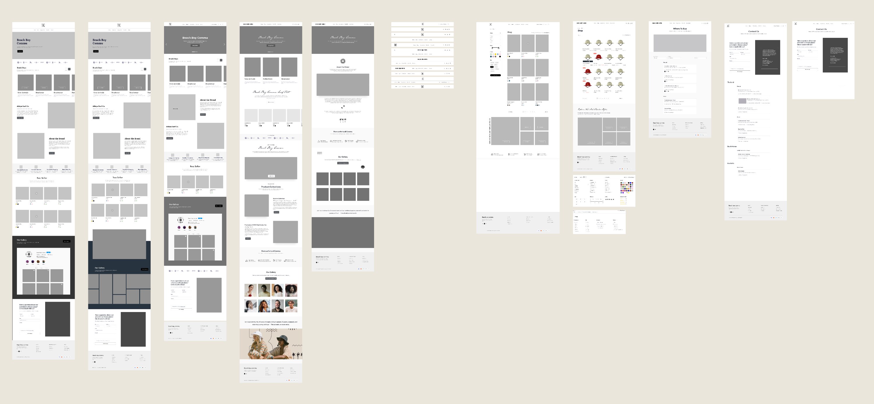 Wireframe board — references, low-fidelity screens and the chosen versions